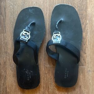 Gucci Black Flip-Flops with Silver Emblem